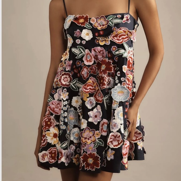 ANTHROPOLOGIE Navy Floral 3D Applique Mini Dress - Medium - Picture 1 of 10